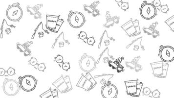 animerad hand dragen resa och hobby ikoner flytande på en vit bakgrund sömlös slinga video