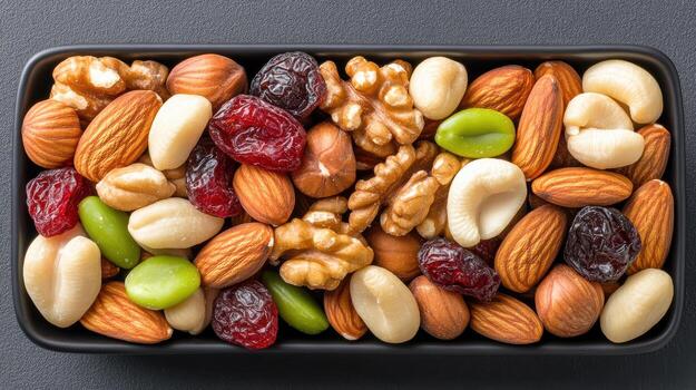 Assorted nuts and dried fruits in a black container photo