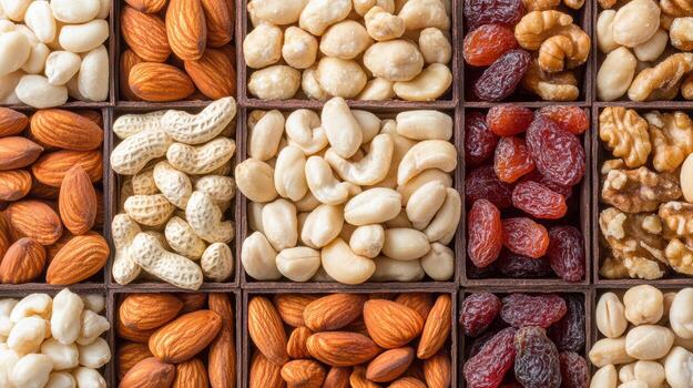 Assorted nuts and dried fruits in a box photo