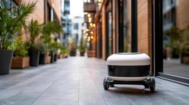 un pequeño robot es sentado en el suelo en un ciudad foto