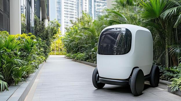 A small robot is parked on a sidewalk photo