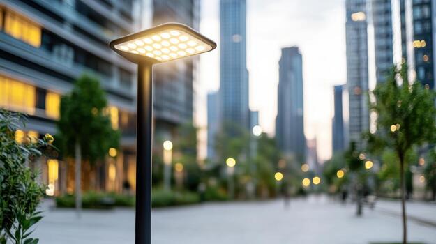 A street light is in front of a building photo
