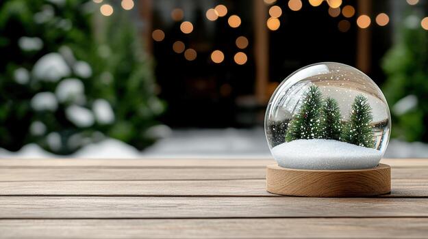 A snow globe with trees inside on a wooden table photo