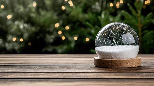 A snow globe on a wooden table with christmas lights photo