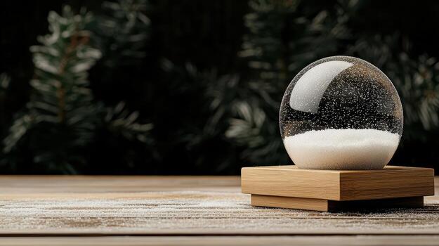 A snow globe on a wooden table with a pine tree in the background photo