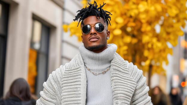A man with dreadlocks wearing sunglasses and a sweater photo