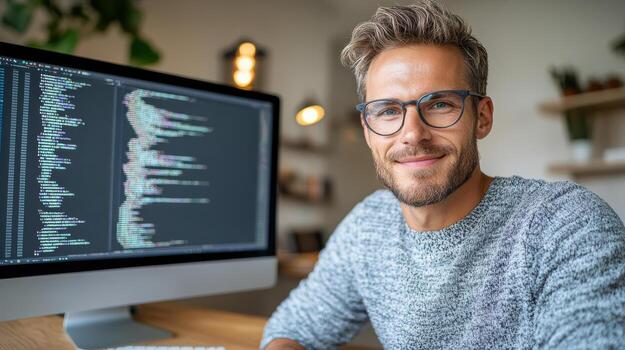 A man in glasses is sitting in front of a computer screen photo
