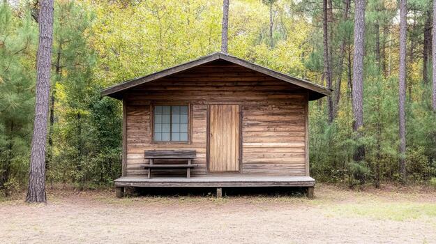 A small cabin in the woods with a bench photo