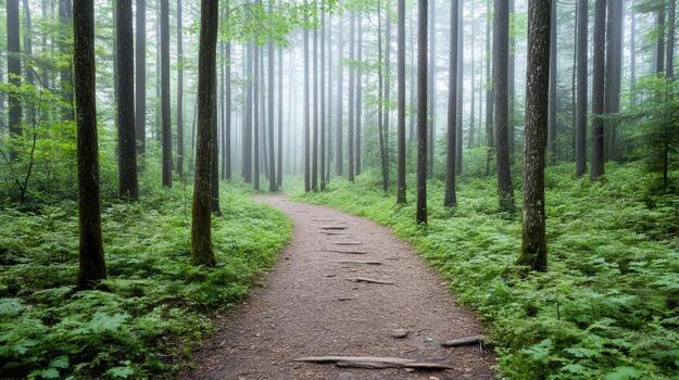 A path in the middle of a forest with trees and fog photo