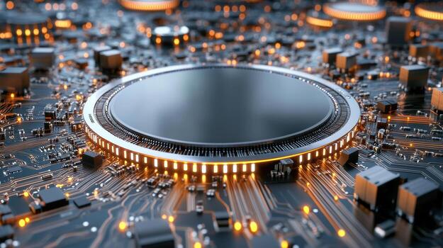 A circuit board with a computer chip in the center photo