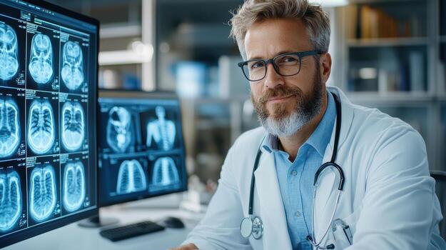 A man in a lab coat is sitting at a desk with a computer screen showing images of a photo