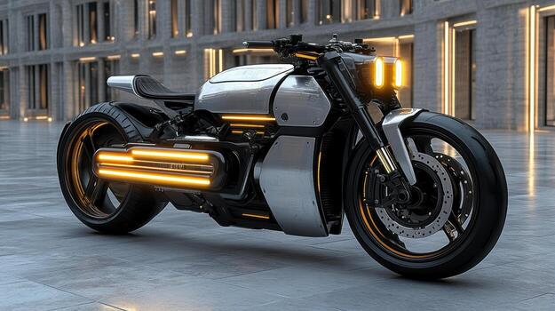 A futuristic motorcycle is parked in front of a building photo
