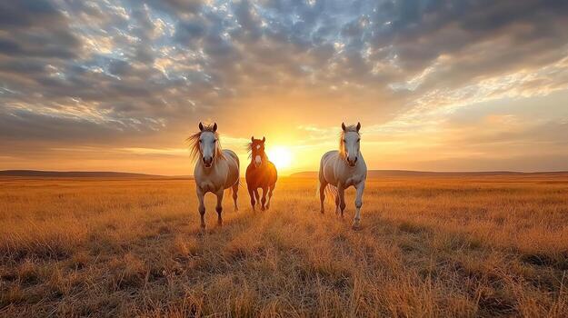 Three horses running in the sunset on a field photo