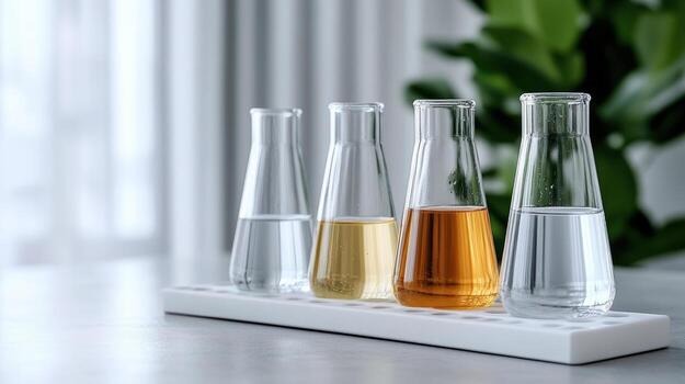 Three different liquids in glass beakers on a table photo