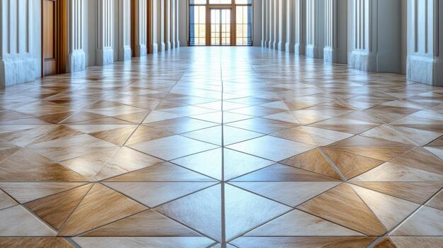 A long hallway with a large tiled floor photo