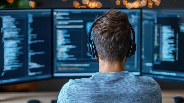 A man wearing headphones is looking at computer screens photo