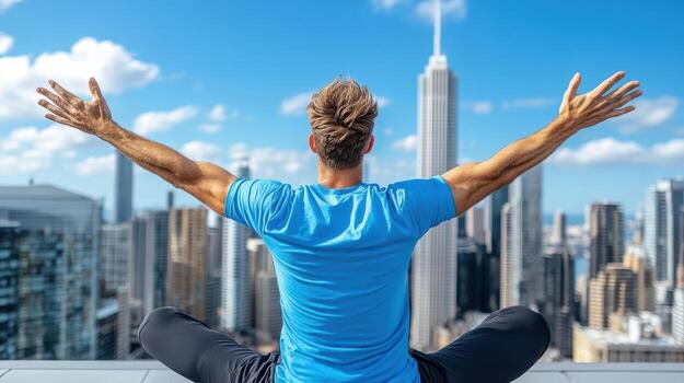 Man sitting on ledge with arms outstretched and looking at cityscape photo