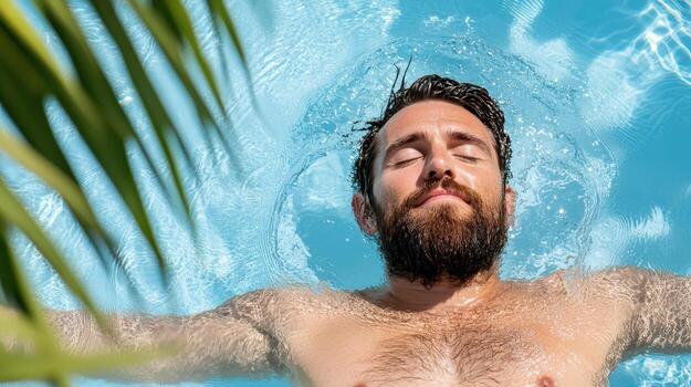 A man with a beard and a beard is floating in a pool photo