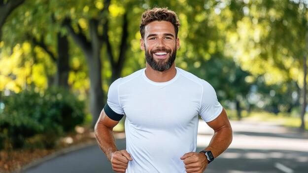 A man with a beard is running on a road photo