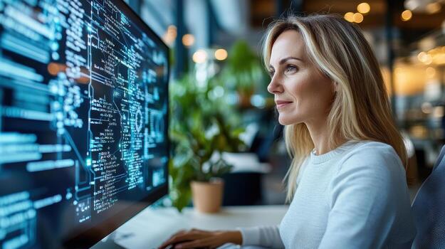 A woman is looking at a computer screen with code on it photo