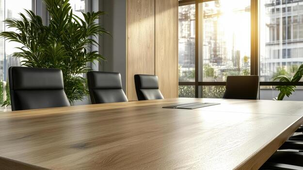 A conference table in front of a window with a view of the city photo