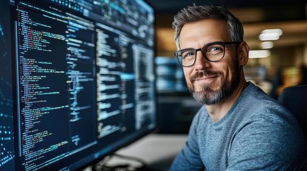 A man in glasses sitting in front of a computer screen with code on it photo