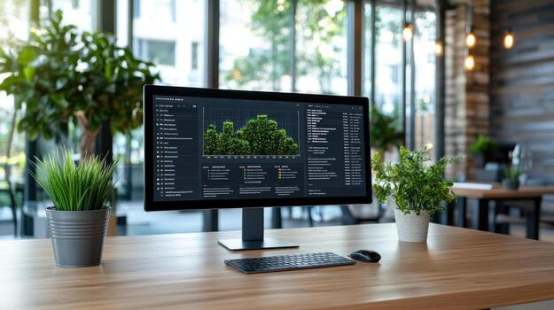 A computer monitor on a desk with plants and a keyboard photo