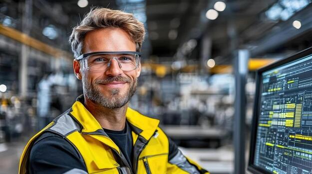 A smiling man in a yellow jacket and glasses in front of a computer photo