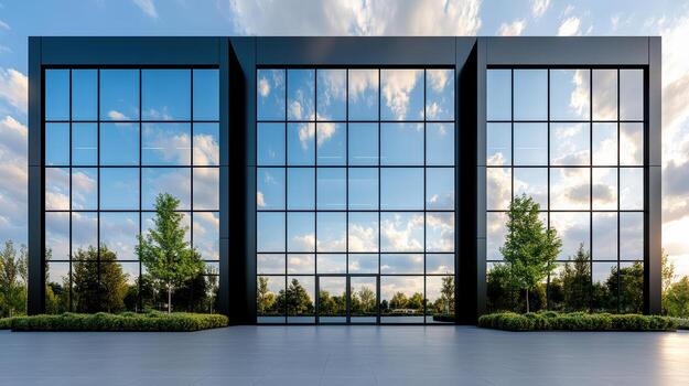 Modern office building with glass windows and trees photo