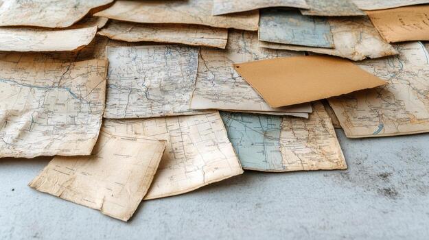 A pile of old maps on a table photo