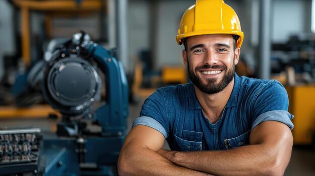 A smiling man in a hard hat in a factory photo