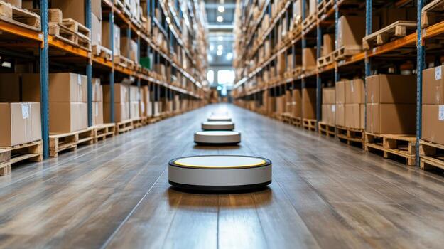 Robot in a warehouse with boxes and shelves photo