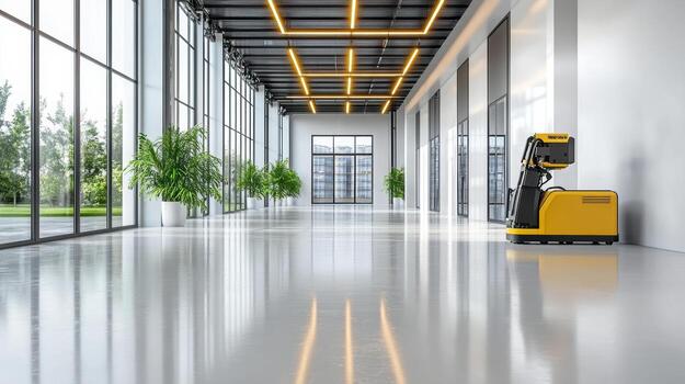 un amarillo robot es en pie en un grande pasillo foto