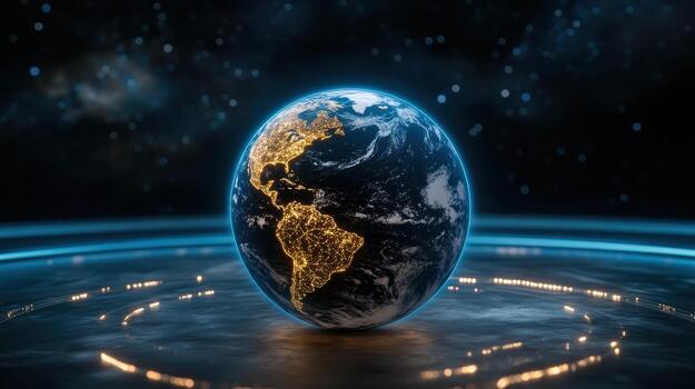 Earth globe with glowing lights and stars in the background photo
