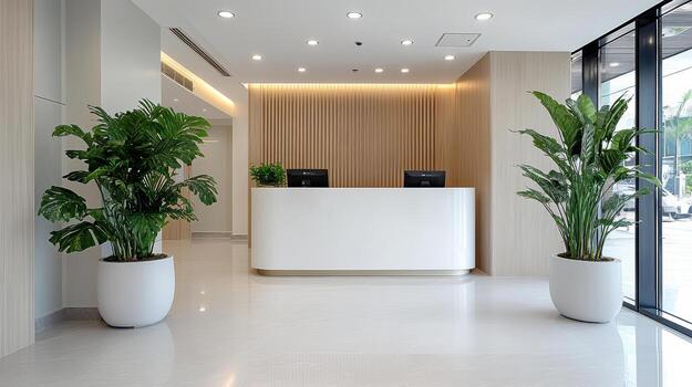 A modern office with a reception desk and two potted plants photo