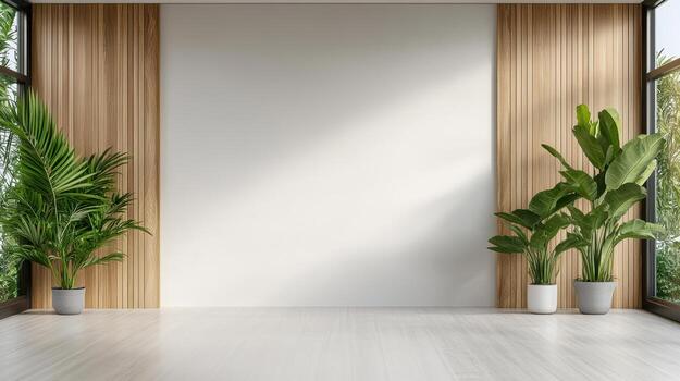 Empty room with plants and a blank wall photo