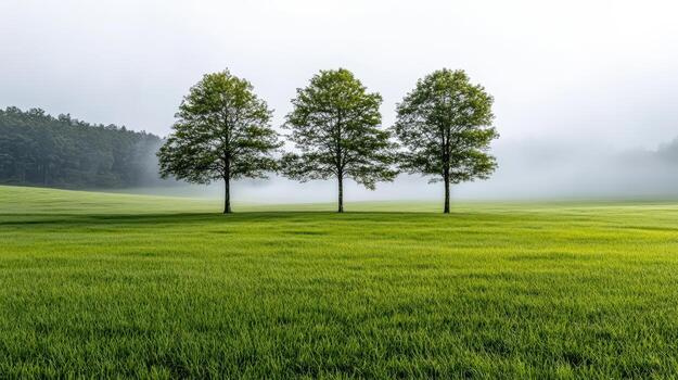 Three trees stand in a field of green grass photo