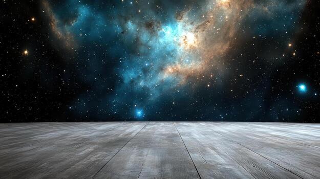 An empty room with a wooden floor and a star filled sky photo
