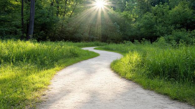 A path in the woods with the sun shining through the trees photo
