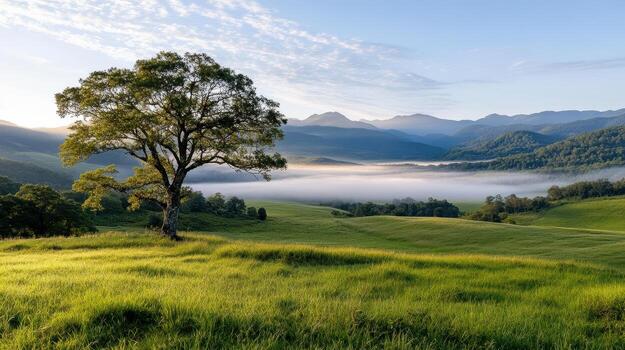 A lone tree in the middle of a green field with fog rolling in photo