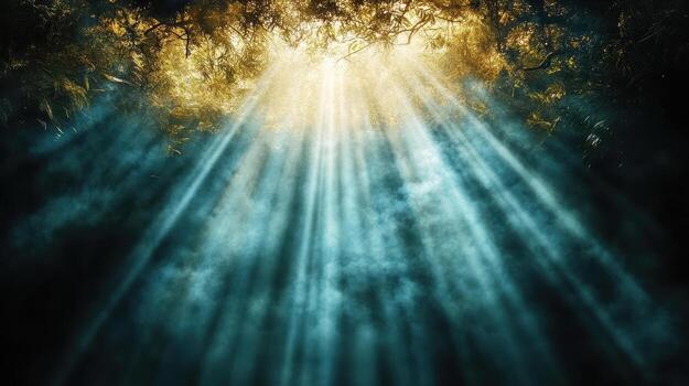 A bright light shining through the trees in a dark forest photo