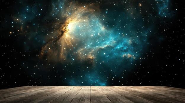 An empty wooden floor with a space background photo