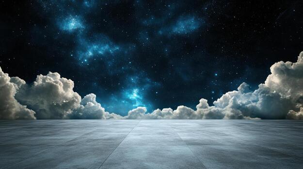 An empty room with a sky and clouds photo