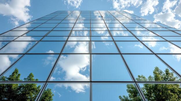 A tall building with trees and clouds reflected in the glass photo