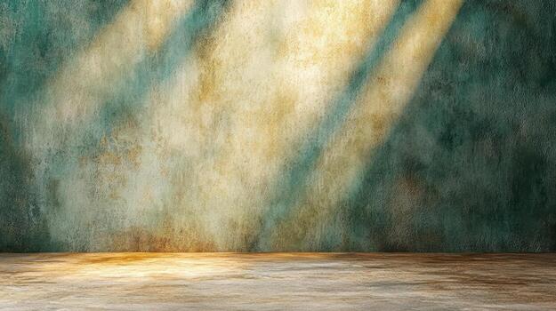 An empty room with a green wall and light coming from the ceiling photo