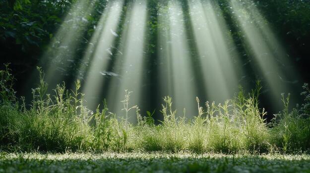 Sunbeams shining through the grass in a forest photo