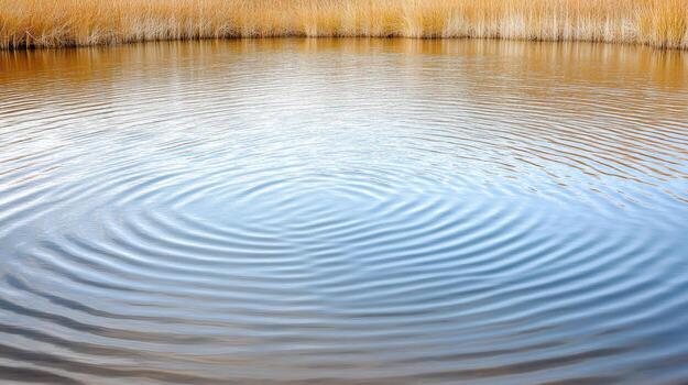 A bird flying over a pond with grass in the background photo