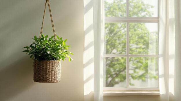 A plant is hanging from a rope in front of a window photo
