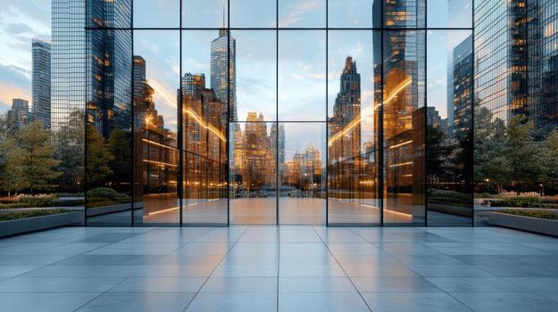 A large glass door in front of a building with tall buildings photo