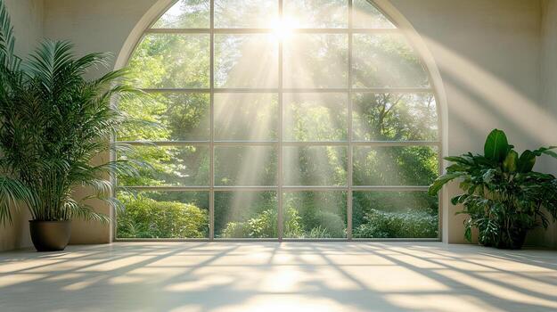 A room with a large window and sunlight shining through it photo